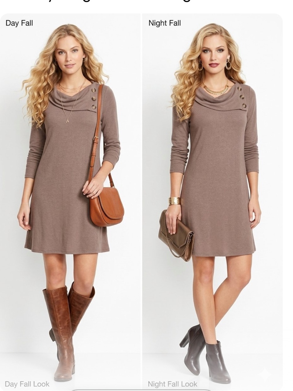 AGB Taupe Long-Sleeve Cowl-Neck Tunic  Dress